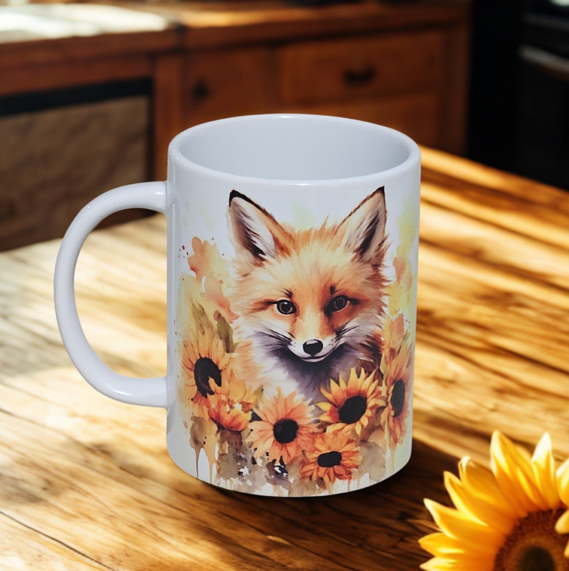 Watercolor sunflower fox 15 oz coffee mug new novelty cup