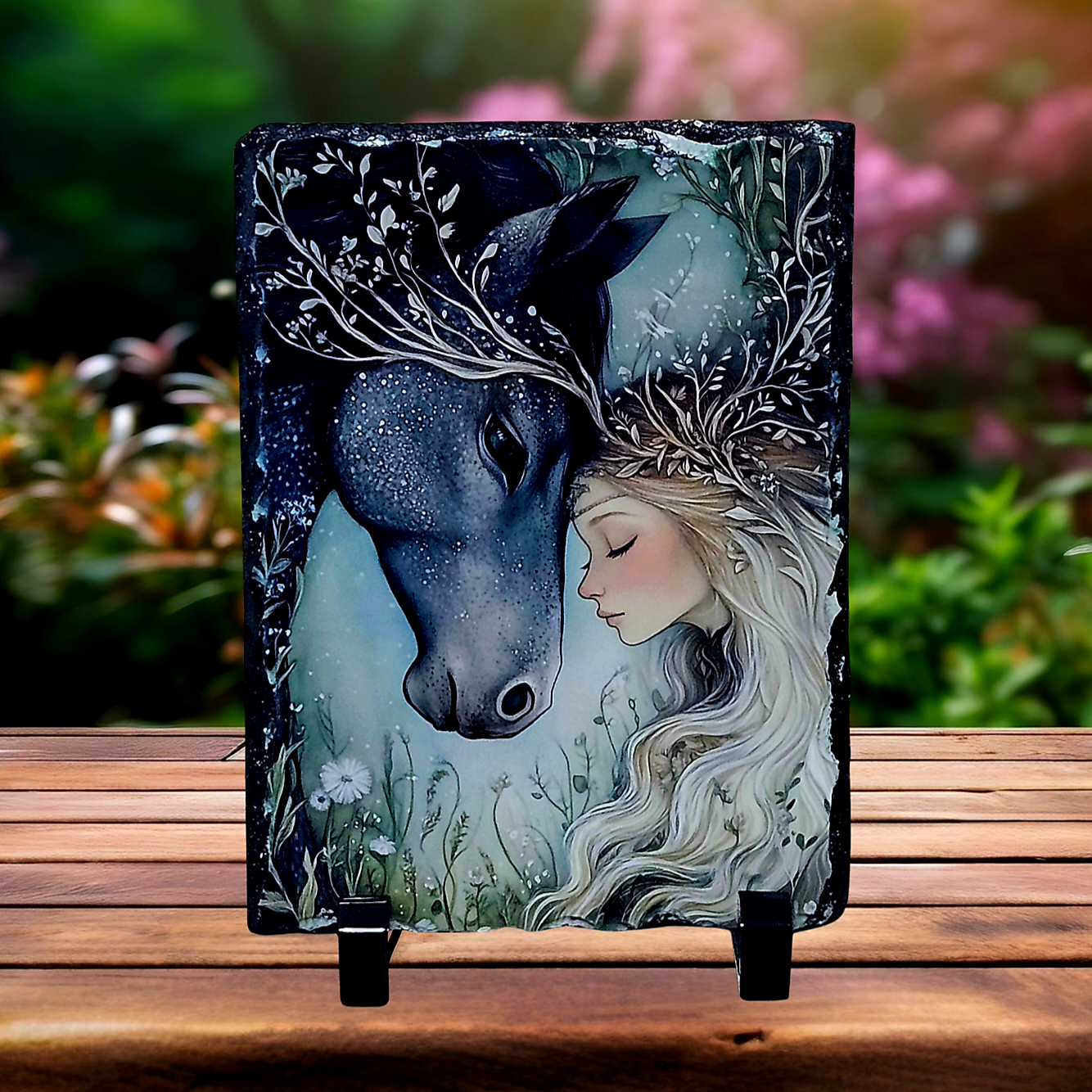 Slate mystical forest girl horse picture home decor piece