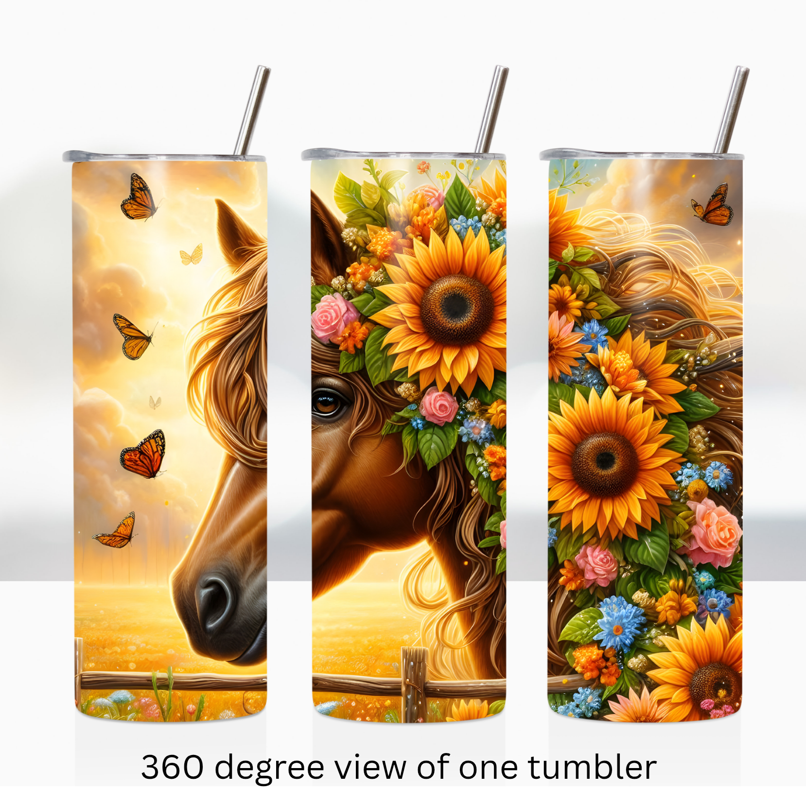 Floral horse sunflower 20oz stainless steel insulated tumbler drinkware travel cup water bottle