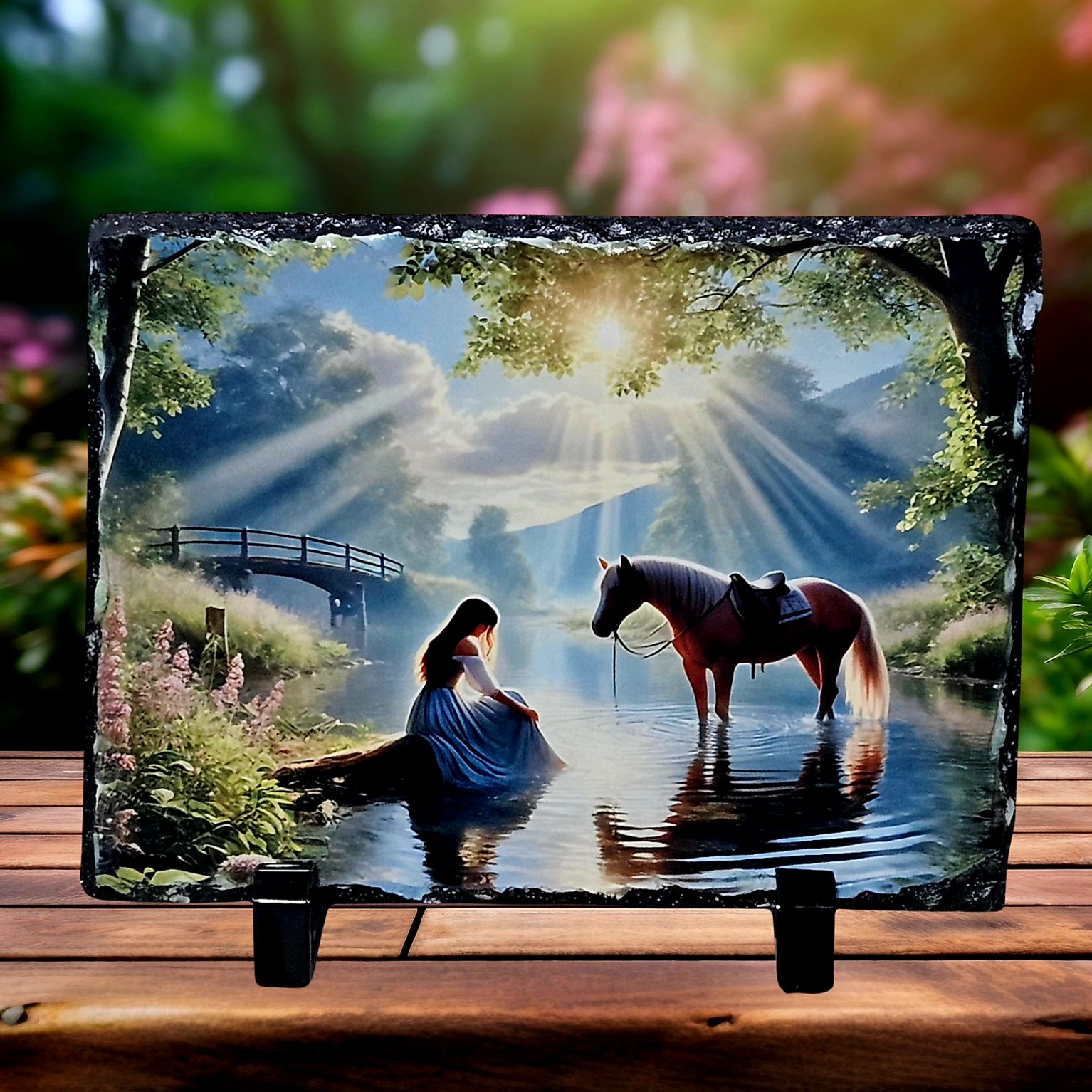 Slate forest girl horse picture home decor piece