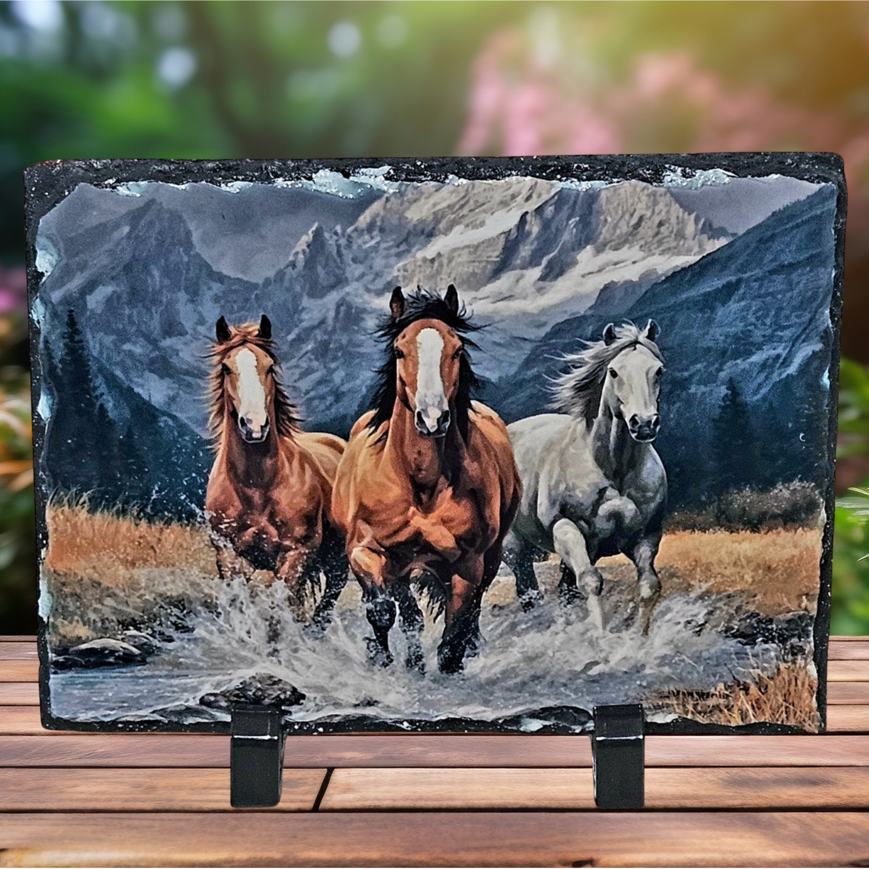 Slate wild horses forest picture home decor piece rustic