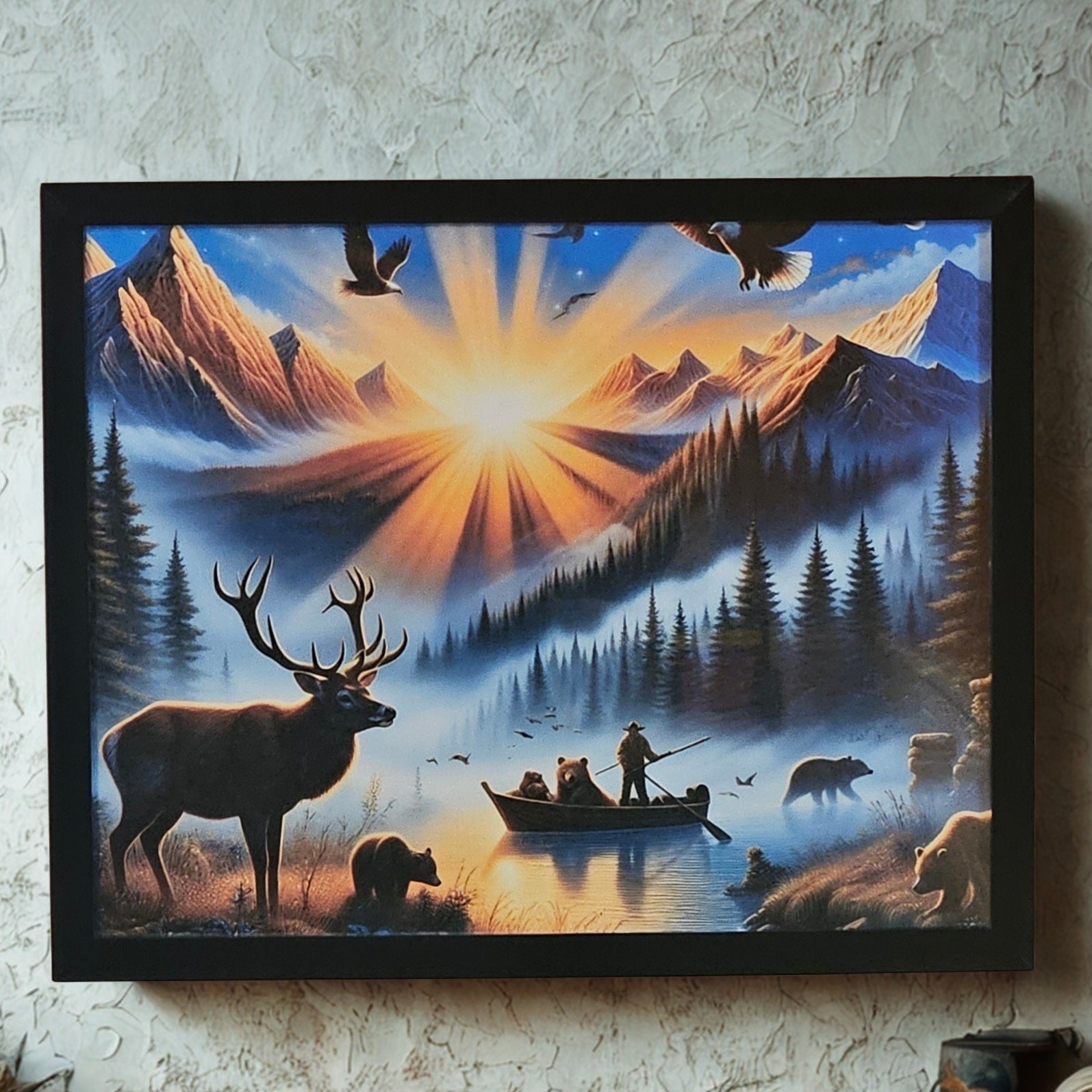 Deer fishing wildlife 8x10 inch print