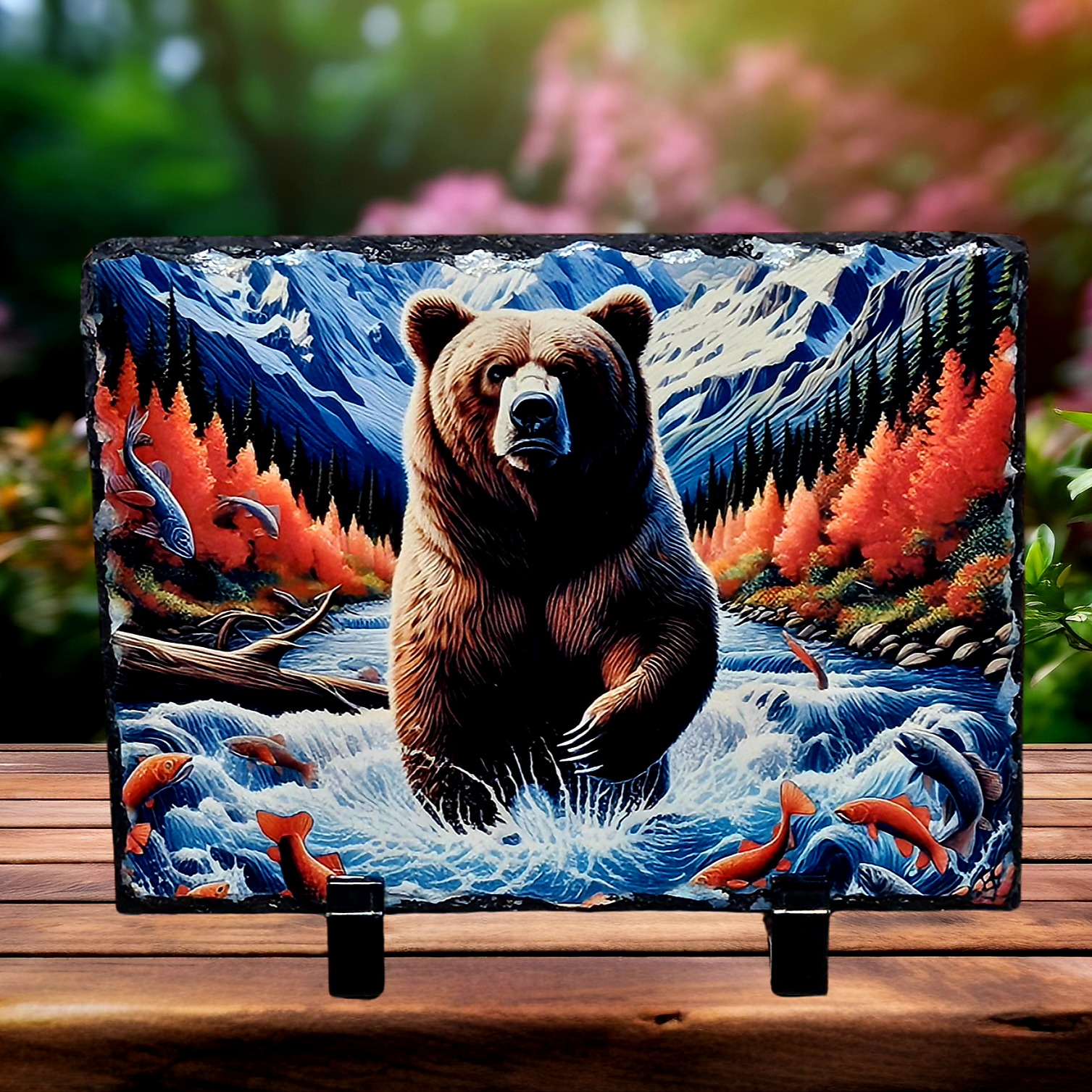 Slate majestic bear salmon picture home decor rustic
