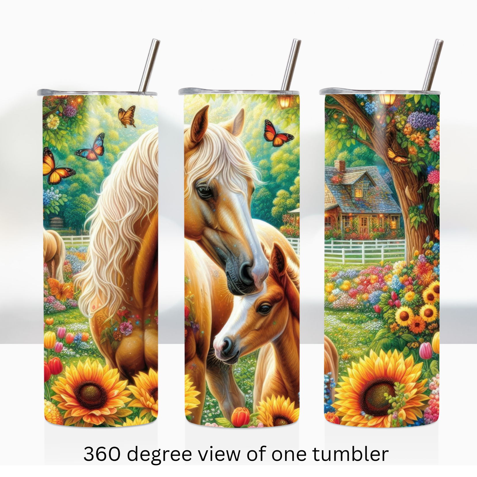 Floral horses 20oz stainless steel insulated tumbler drinkware travel cup water bottle