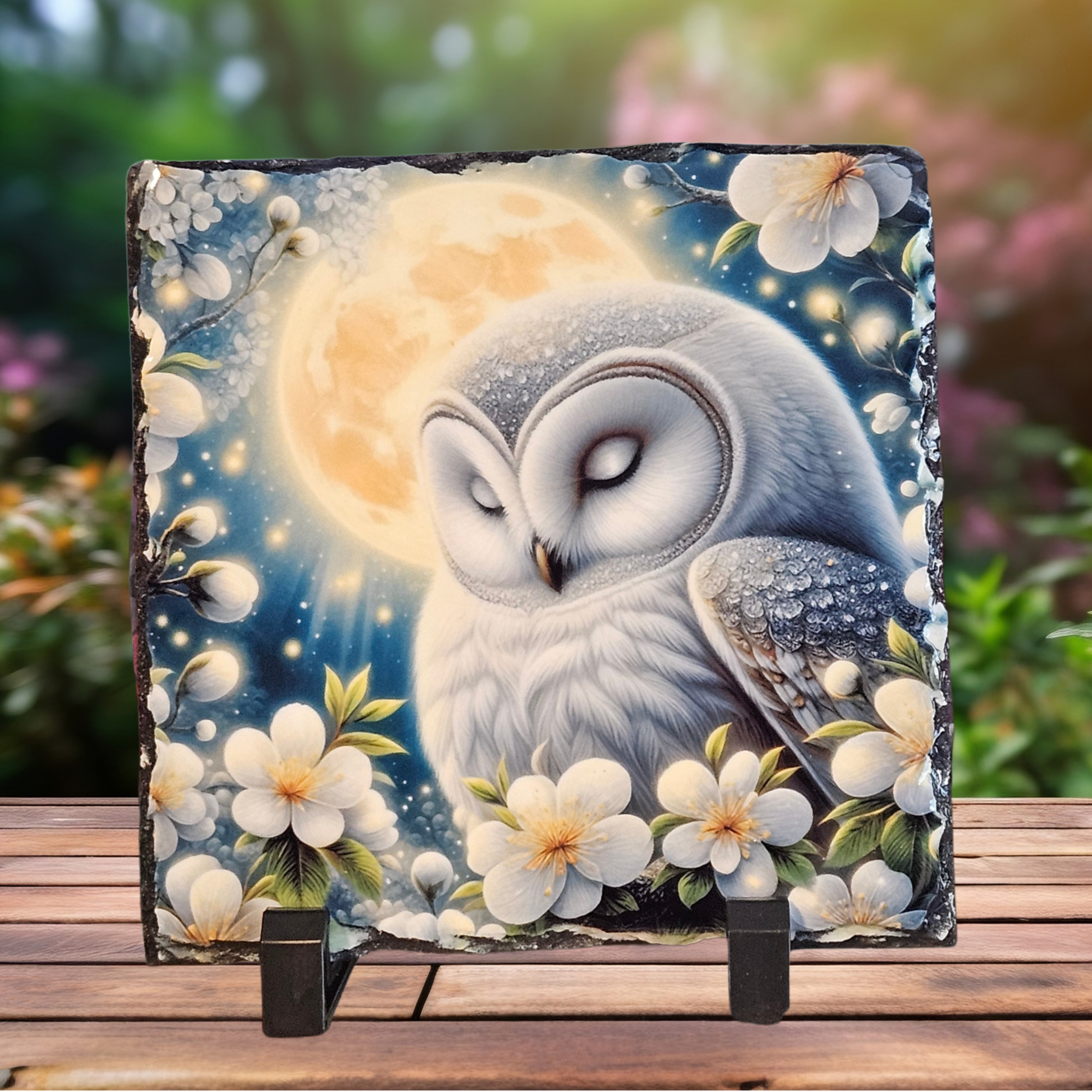 Slate white owl floral moon picture home decor new