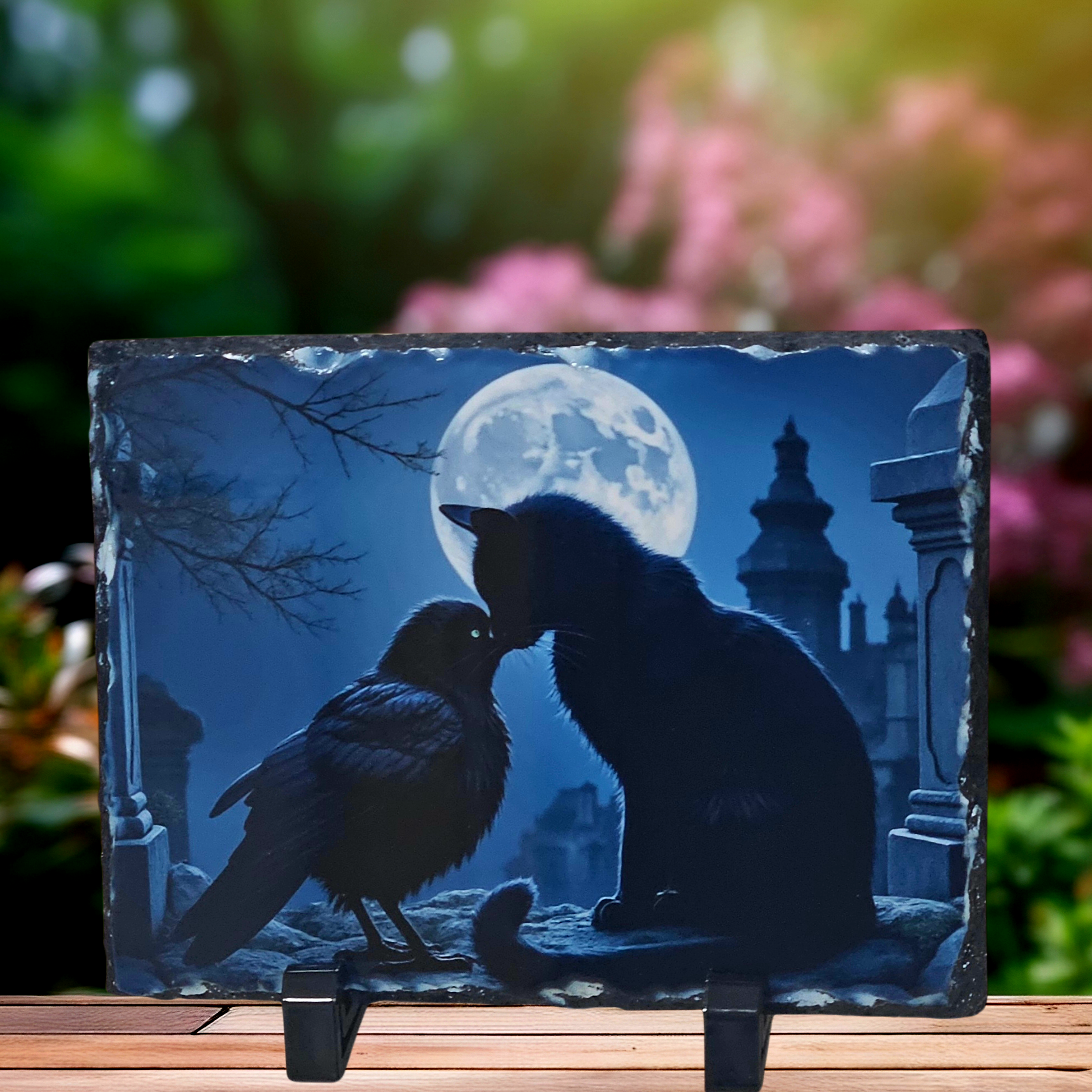 Slate black cat raven moon picture home decor