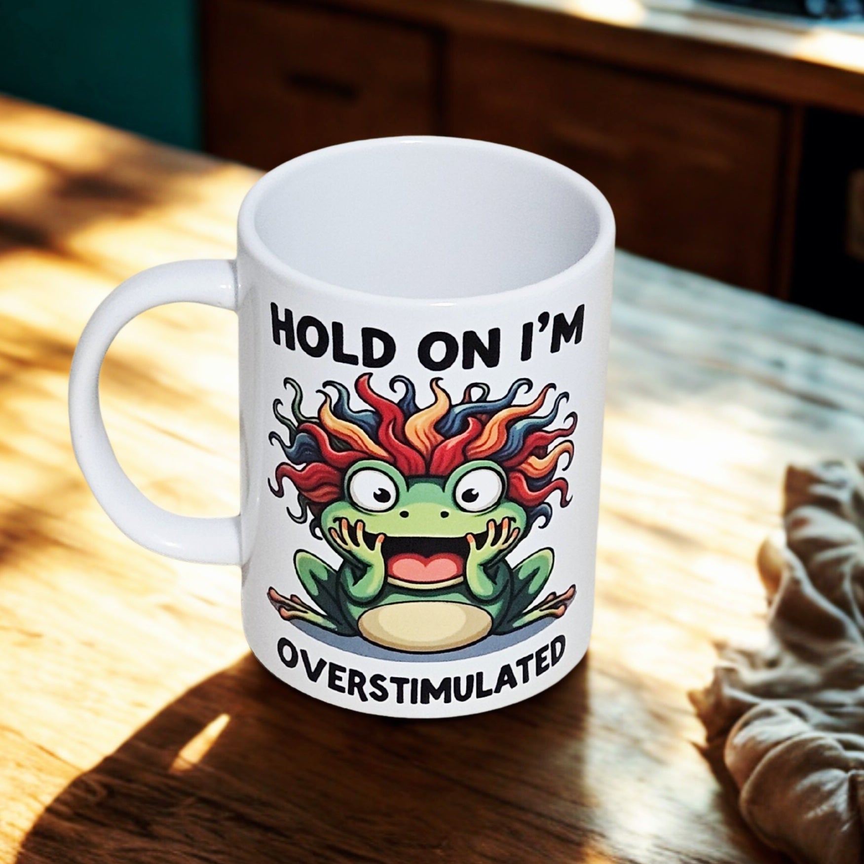 Overstimulated frog 15oz coffee mug new novelty cup humorous funny sarcastic