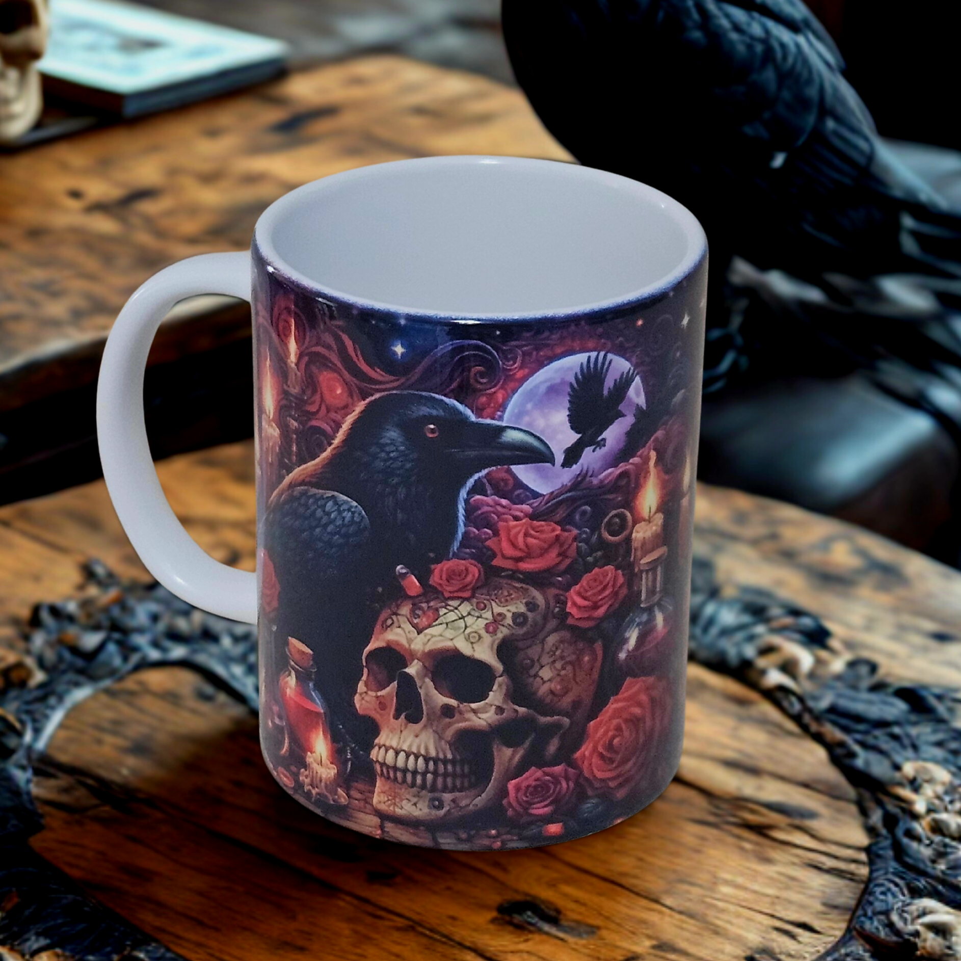 Mystical raven skull moon 15oz coffee mug new novelty cup