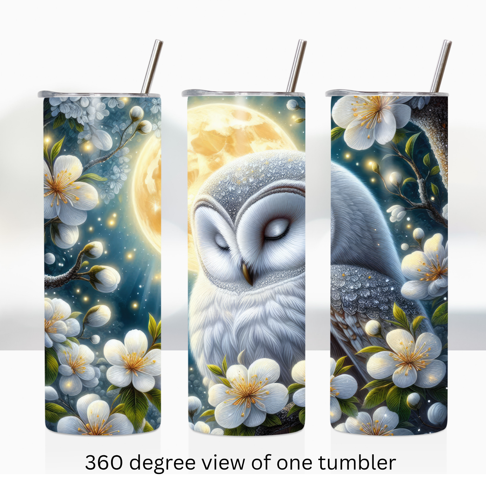 Floral snowy owl moon 20oz stainless steel insulated tumbler drinkware