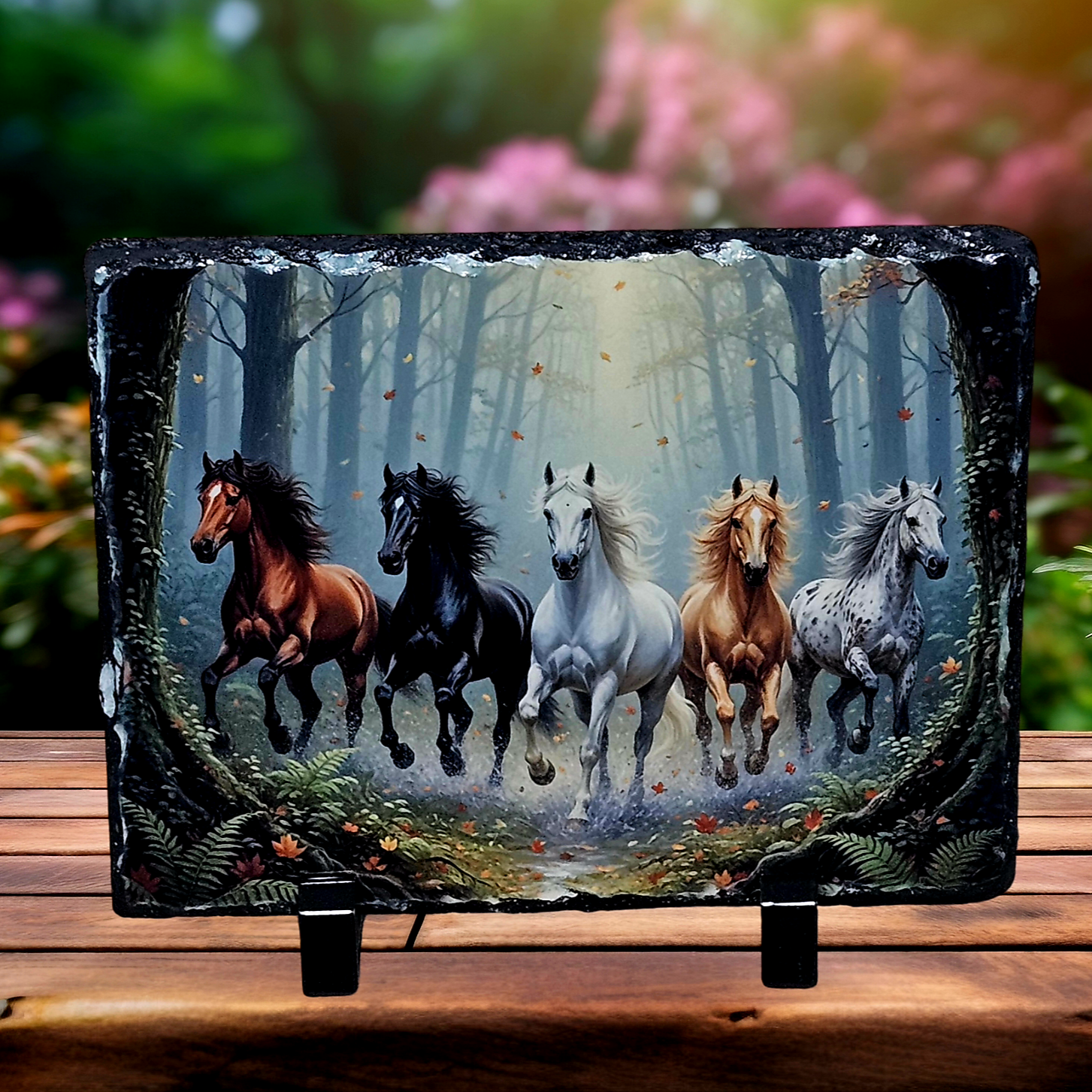Slate wild horses forest picture home decor piece rustic