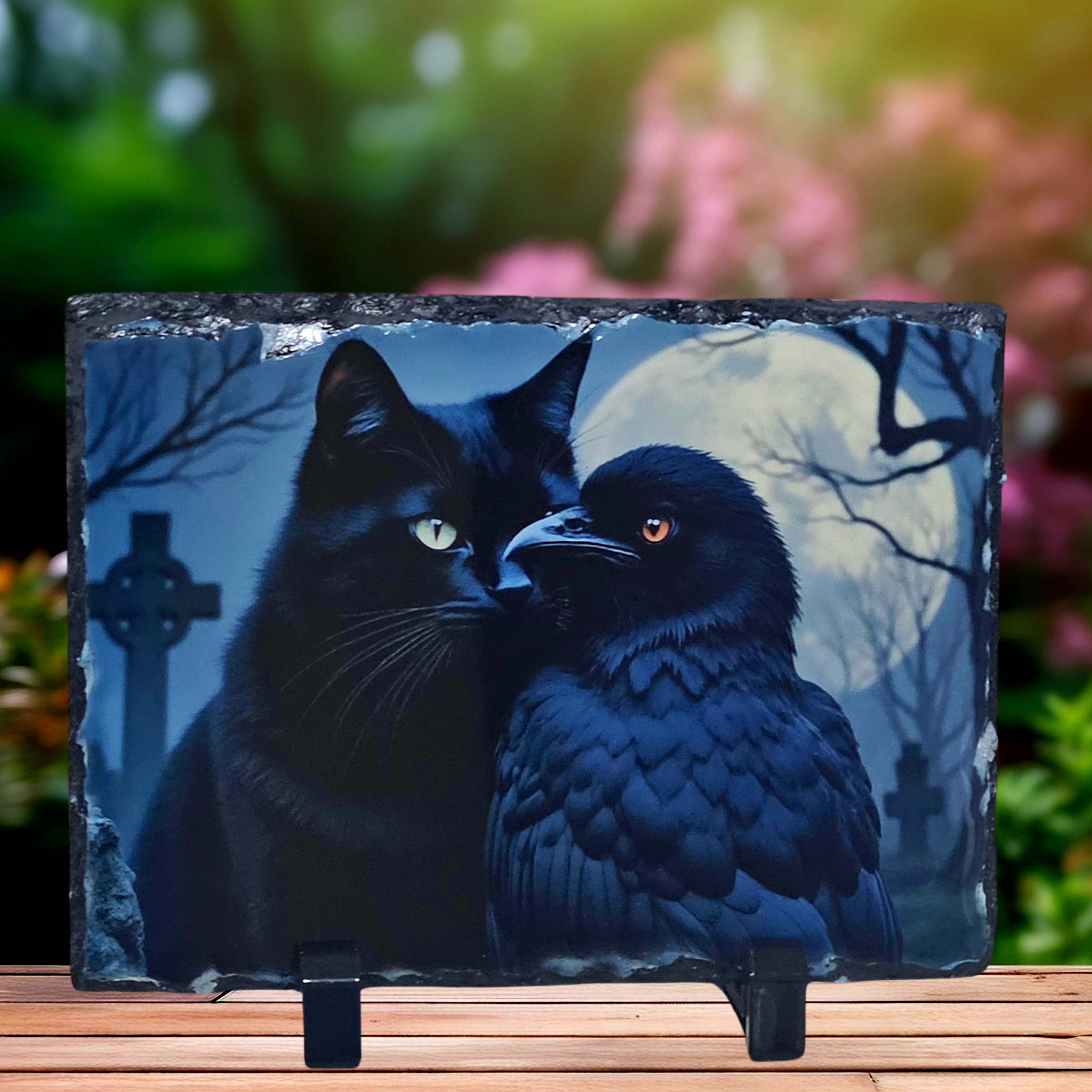 Slate black cat raven moon picture home decor